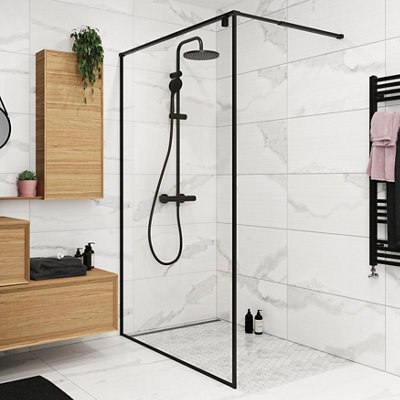 GoodHome Ezili Matt Black Clear Toughened Safety Glass Minimal Frame Walk-In Wet Room Glass Screen (H)195Cm (W)119Cm from B&Q