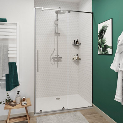 GoodHome Ezili Minimal Frame Silver Effect Clear Sliding Shower Door (H)195Cm (W)98Cm from B&Q