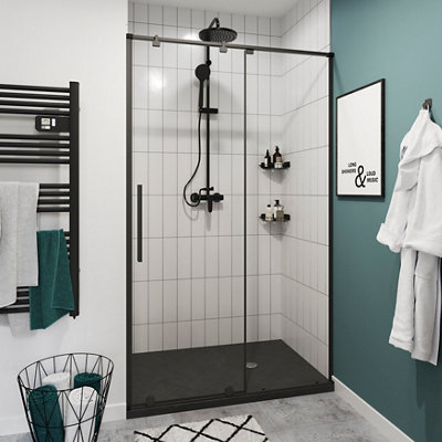 GoodHome Ezili Minimal Frame Black Clear Sliding Shower Door (H)195Cm (W)98Cm from B&Q