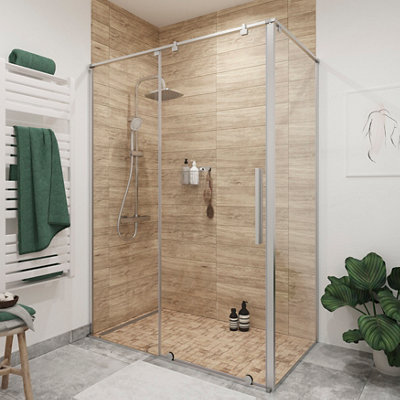 GoodHome Ezili Minimal Frame Silver Effect Clear Sliding Shower Door (H)195Cm (W)138Cm from B&Q