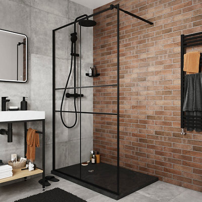 GoodHome Ahti Matt Black Textured Minimal Frame Walk-In Wet Room Glass Screen Printed With Aluminium Grid (H)195Cm (W)120Cm from B&Q