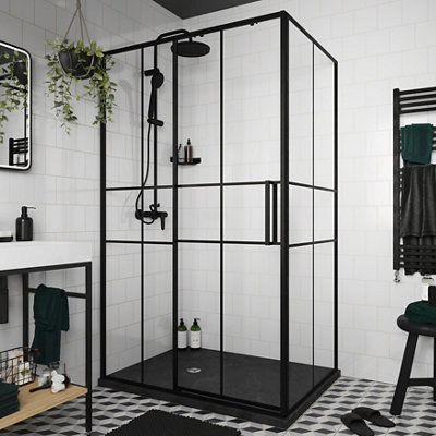 GoodHome Ahti Minimal Frame Black Clear Printed Glass With Aluminium Grid Sliding Shower Door (H)195Cm (W)120Cm from B&Q