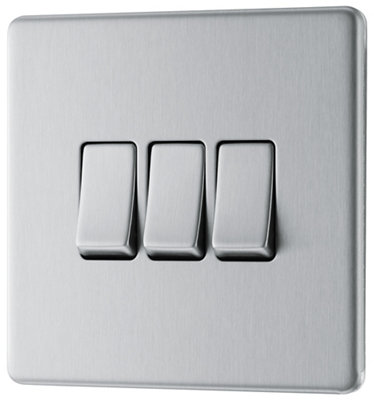 GoodHome Fbs43 20A 2 Way 3 Gang Light Switch Screwless Satin Steel Effect from B&Q