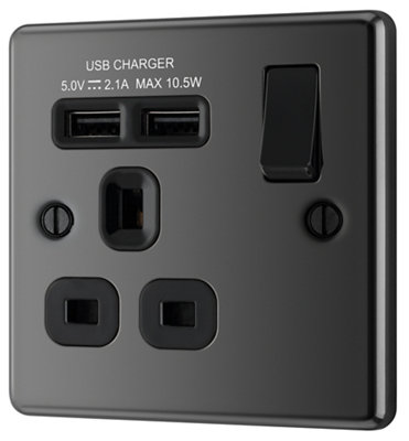 GoodHome Black Nickel Single 13A Raised Rounded Switched Screwed Socket With UsbX2 & Black Inserts from B&Q