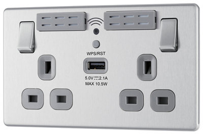 GoodHome Brushed Steel 13A Switched Double Screwless Wifi Extender Socket With Usb from B&Q