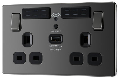 Goodhome Nickel 13A Switched Double Screwless Wifi Extender Socket With Usb Black