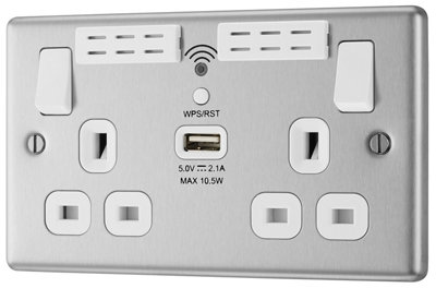 GoodHome Brushed Steel 13A Switched Double Wifi Extender Socket With Usb from B&Q