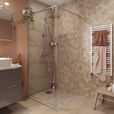 GoodHome Ezili Clear Toughened Safety Glass Minimal Frame Walk-In Wet Room Glass Screen (H)195Cm (W)89Cm from B&Q