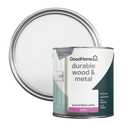 GoodHome Durable Pure Brilliant White Satinwood Metal & Wood Paint2.5L from B&Q