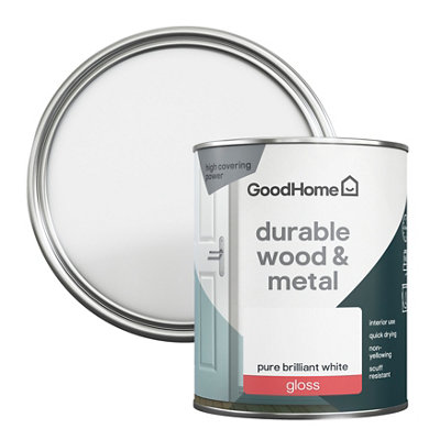 GoodHome Durable Pure Brilliant White Gloss Metal & Wood Paint750Ml from B&Q
