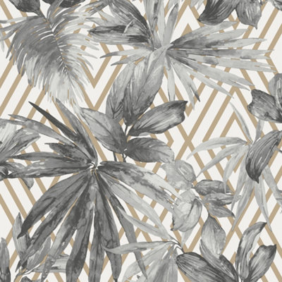 Grandeco Gduk Geometric Leaf Melun Textured WallpaperGrey Gold from B&Q
