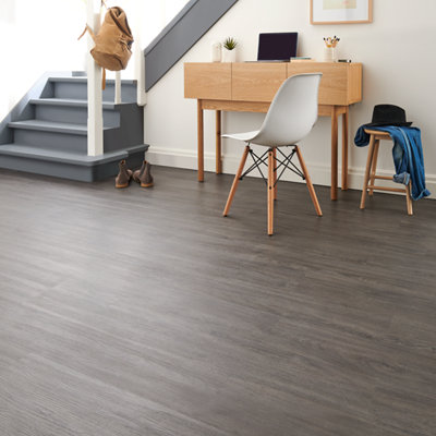 GoodHome Baila Dark Grey Wood Effect Textured Click Vinyl Click Flooring2.2M² from B&Q