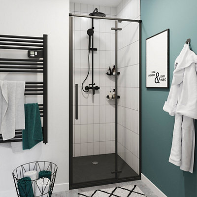 GoodHome Ezili Minimal Frame Black Clear Glass Hinged Shower Door (H)195Cm (W)78Cm from B&Q