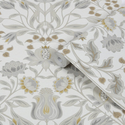 GoodHome Acuama Grey & Yellow Metallic Effect Ornamental Textured Wallpaper from B&Q