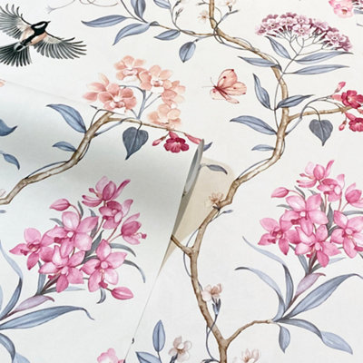 GoodHome Cidon Cream & Pink Floral Textured Wallpaper from B&Q