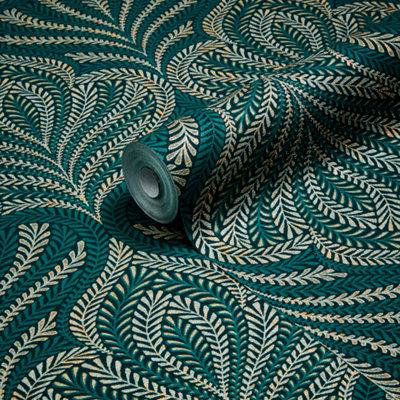 GoodHome Danbu Dark Teal Metallic Effect Ornamental Textured Wallpaper from B&Q