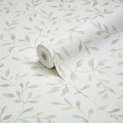 GoodHome Linton Sage Green Woven Effect Leaf Trail Textured Wallpaper from B&Q