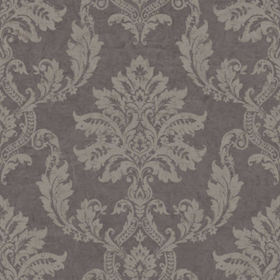 GoodHome Ormonde Charcoal Metallic Effect Damask Textured Wallpaper from B&Q