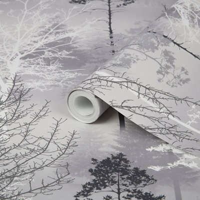 GoodHome Kitley Black & Grey Metallic Effect Trees Smooth Wallpaper from B&Q