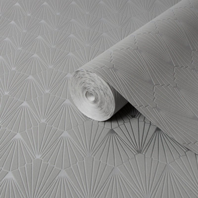 GoodHome Tiverton Grey Silver Effect Geometric Textured Wallpaper from B&Q