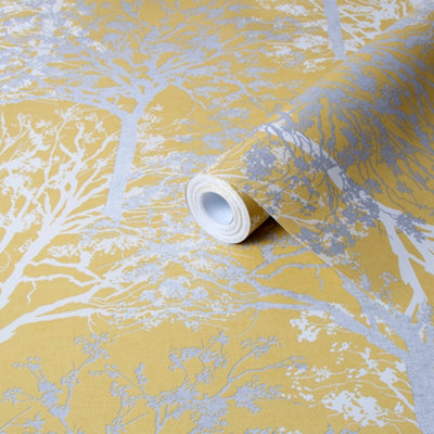 GoodHome Foxhill Yellow Metallic Effect Trees Smooth Wallpaper from B&Q