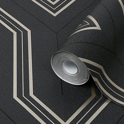 GoodHome Lisle Charcoal Metallic Effect Geometric Textured Wallpaper from B&Q