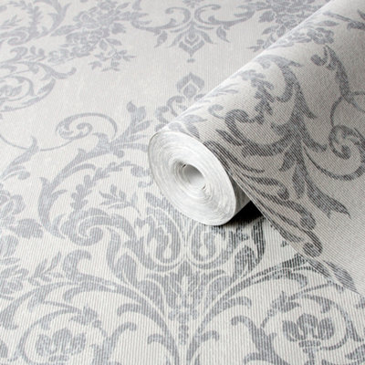 GoodHome Dovenby Grey Silver Effect Damask Textured Wallpaper from B&Q