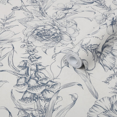GoodHome Carnanton Navy Metallic Effect Floral Smooth Wallpaper from B&Q