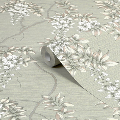 GoodHome Owletts Grey & Sage Metallic Effect Floral Textured Wallpaper from B&Q