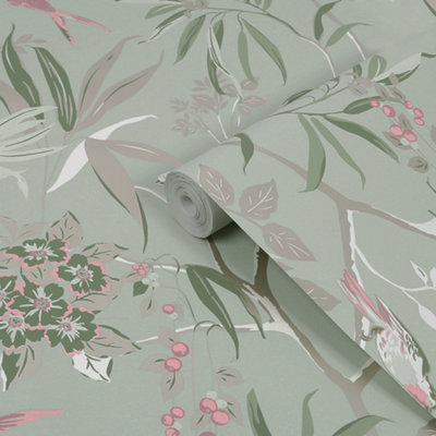 GoodHome Maristow Sage Metallic Effect Floral Textured Wallpaper from B&Q