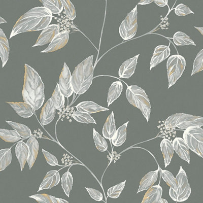 GoodHome Sapph Grey Leaf Textured Wallpaper from B&Q