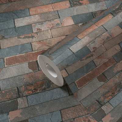 GoodHome Smara Red & Slate Brick Effect Textured Wallpaper from B&Q