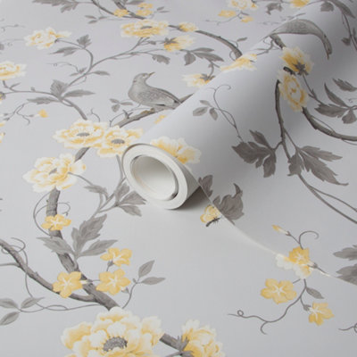 GoodHome Sandridge Grey & Yellow Metallic Effect Floral Smooth Wallpaper from B&Q