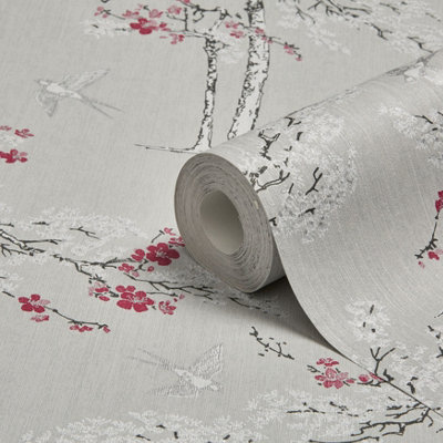 GoodHome Zumrut Grey & Plum Birds & Foliage Textured Wallpaper from B&Q