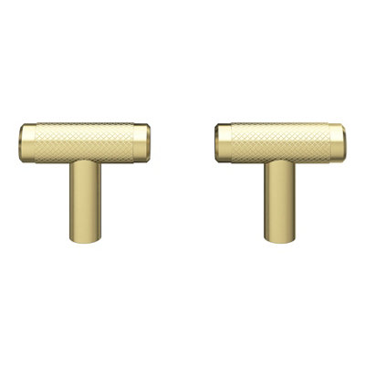 GoodHome Indus Brushed Steel Brass Effect T-Shaped Knurled Furniture Knob (Dia)40mmPack Of 2 from B&Q