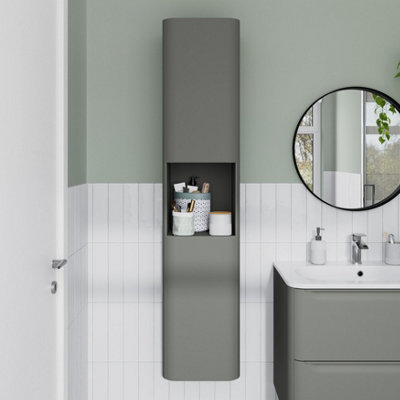 Goodhome nevado tall matt green double bathroom column cabinet in a white and green bathroom.