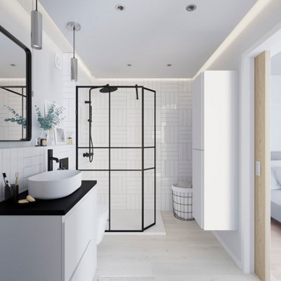 GoodHome Ahti Matt Black Textured Minimal Frame Walk-In Wet Room Glass Screen Printed With Aluminium Grid (H)195Cm (W)119Cm from B&Q