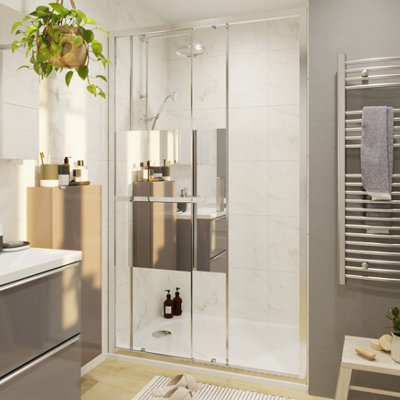 GoodHome Ledava Chrome Effect Mirror Striped Sliding Shower Door (H)195Cm (W)120Cm from B&Q