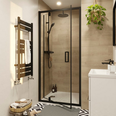 GoodHome Ledava Black Chrome Effect Clear Glass Half Open Pivot Shower Door (H)195Cm (W)100Cm from B&Q