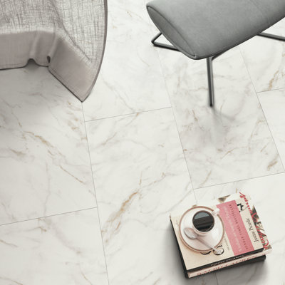 GoodHome Italo Ceramin White Deeply Textured Marble Effect Textured Click Vinyl Tile2.4M² from B&Q