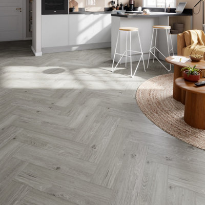 GoodHome Mambo Lulea Grey Natural Wood Effect Synchronised Herringbone Click Vinyl Planks2.24M² from B&Q