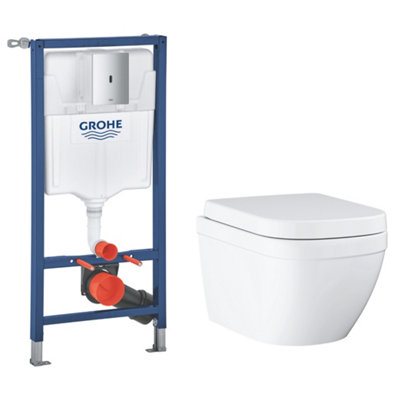 Grohe Euro Alpine White Rimless Oval Wall Hung Toilet With Soft Close Seat & Concealed Cistern from B&Q