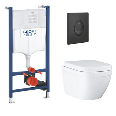 Grohe Euro Start Alpine White Rimless Oval Wall Hung Toilet With Soft Close Seat & Concealed Cistern & Matt Black Plate from B&Q