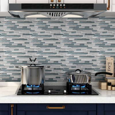 GoodHome Foxe Blue & Silver Polished Gloss Striped Glass Mosaic Tile Sheet(L)300mm (W)300mm from B&Q