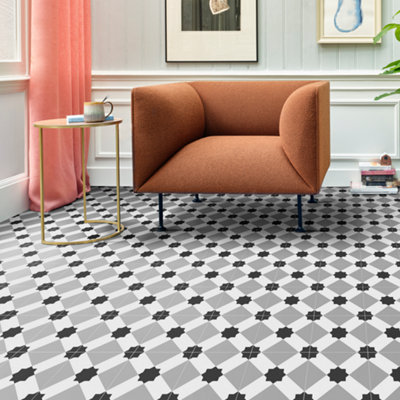 Precut BlackGrey & White Contemporary Geo Tile Effect Sheet Vinyl6M²