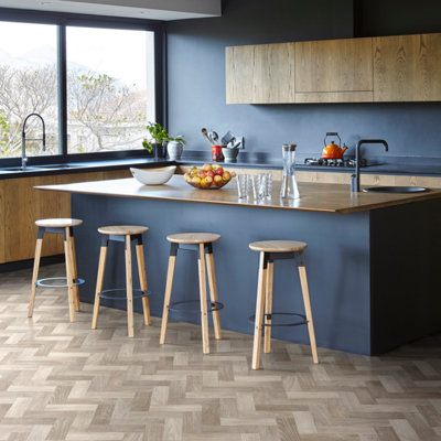 Precut Greige Oak Small Herringbone Parquet Effect Sheet Vinyl4M²