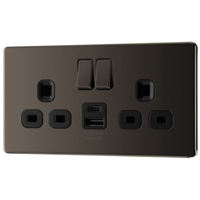GoodHome Black Nickel Double 13A Flat Switched Screwless Socket With Usb13 X2 & Black Inserts from B&Q