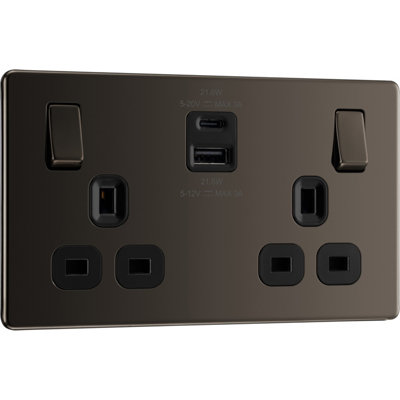 GoodHome Black Nickel Double 13A Flat Switched Screwless Socket With Usb13 X2 & Black Inserts from B&Q