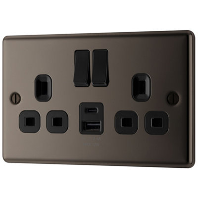 GoodHome Black Nickel Double 13A Raised Rounded Switched Screwed Socket With UsbX2 & Black Inserts from B&Q
