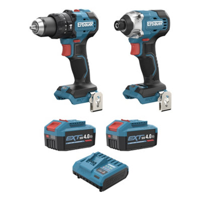 Erbauer 18V Li-Ion Ext Keep Cool Brushless V2 Cordless Combi Drill & Impact Driver (2 X 4Ah) Eri1092Com Eri1093Ipd from B&Q